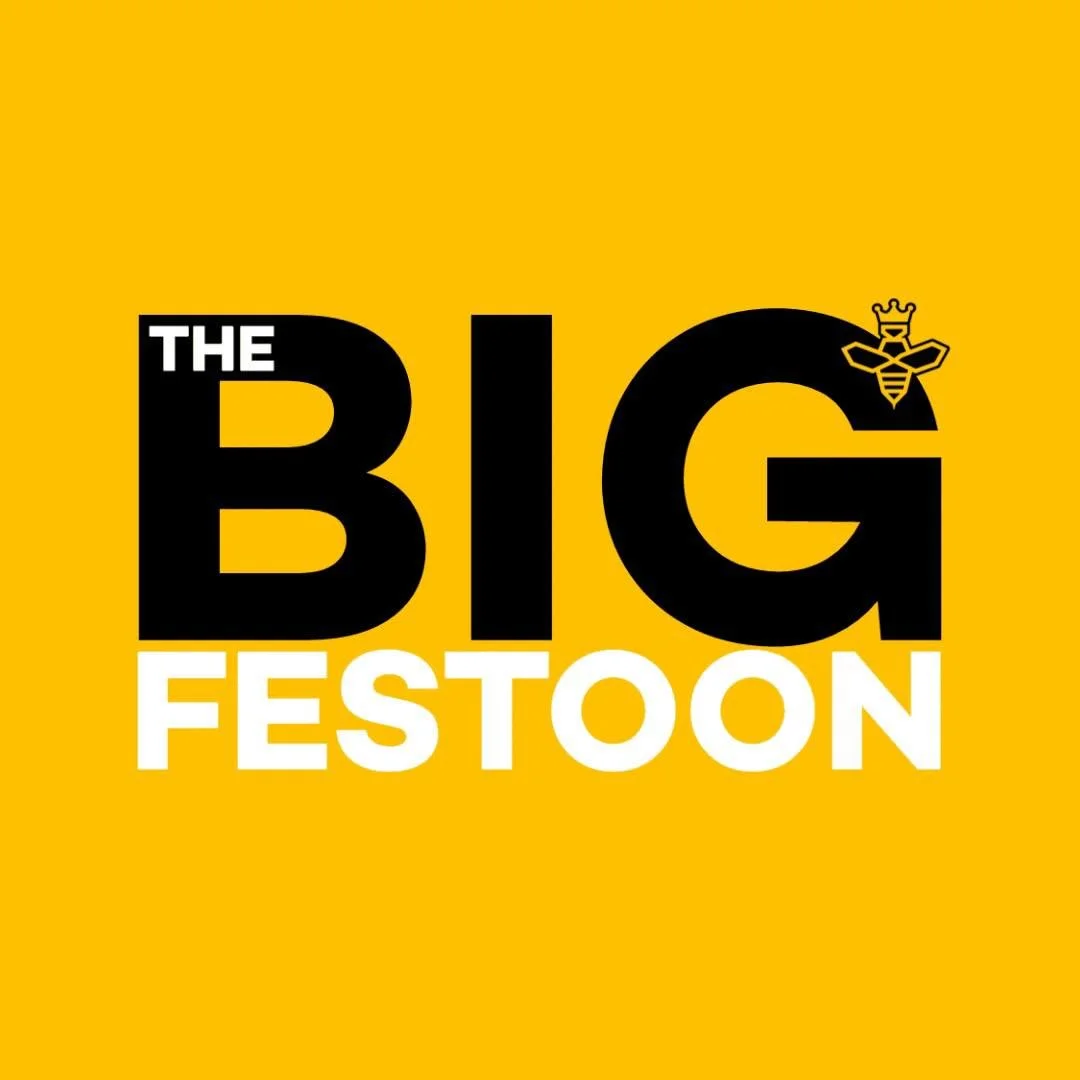 A yellow background with black and white text that reads, 'The Big Festoon' with a small bee graphic wearing a crown, positioned on the letter 'G'.