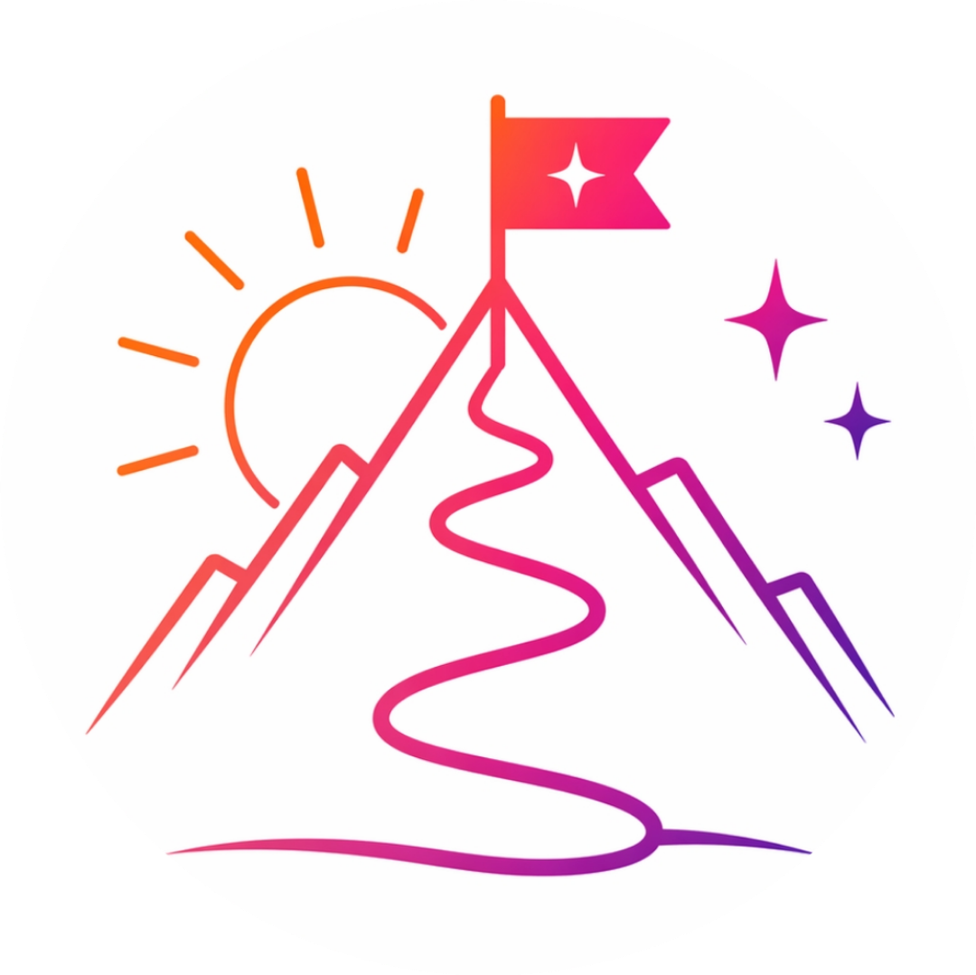 Stylised illustration of mountains with a sun in the background, a winding path leading to a flag at the mountain peak, and star-like sparkles around the scene.