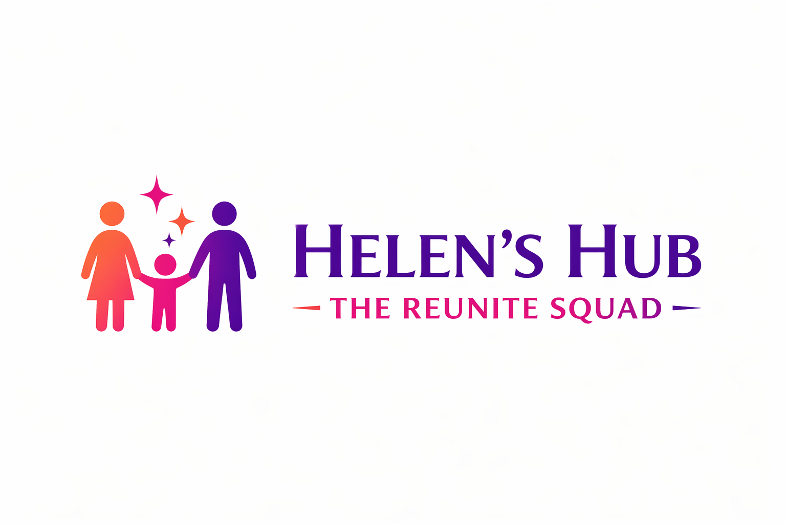 Logo for Helens Hub The Reunite Squad with a stylised illustration of two adult figures and a child holding hands, surrounded by stars.