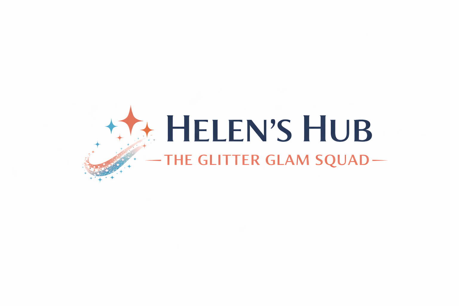 Logo for Helen's Hub, The Glitter Glam Squad, with star and glitter design elements in pink and blue