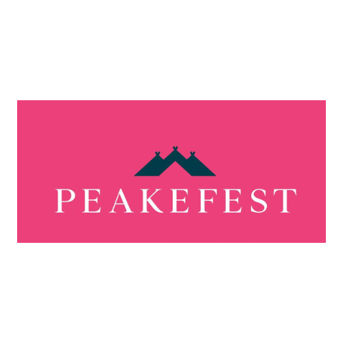 Logo for PEAKFEST with a pink background and a mountain graphic above the text.