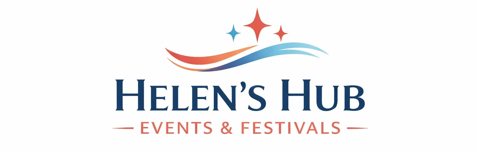 Logo for Helen's Hub Events & Festivals featuring three stylized stars and curved lines in red, orange, and blue.