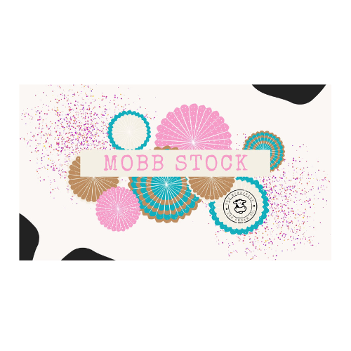 Colorful festive graphic with circular designs and confetti, featuring the text 'MOBB STOCK' in pink on a beige banner.
