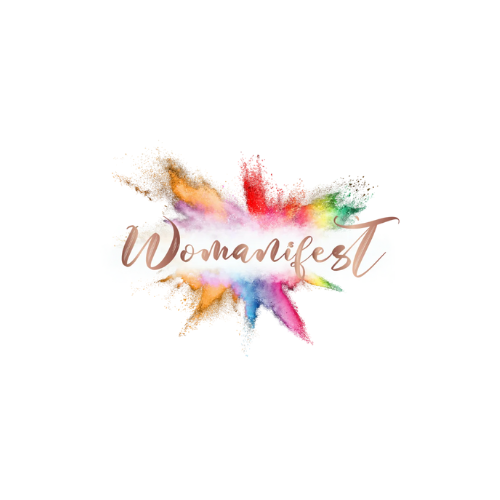 Colorful powder explosion with the word "Womanifest" in cursive font.