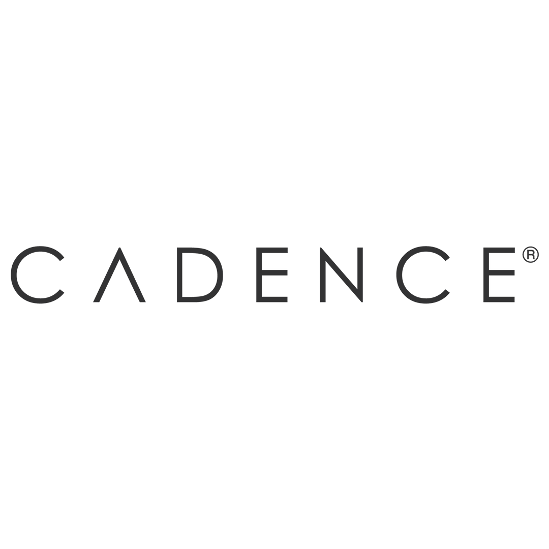 Logo of Cadence with a stylized letter 'A' and the brand name in black font.