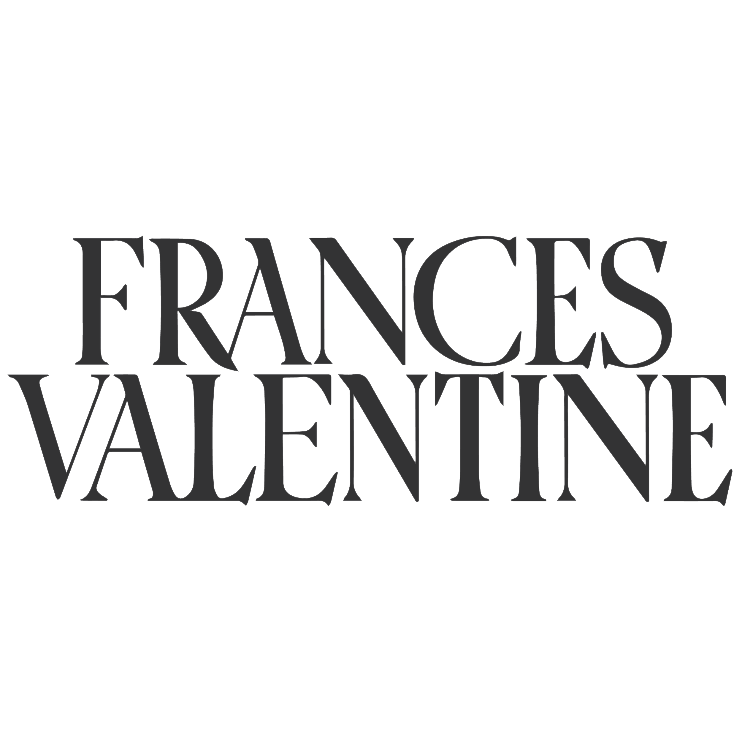 Black background with the text 'FRANCES VALENTINE' in large gray serif font.