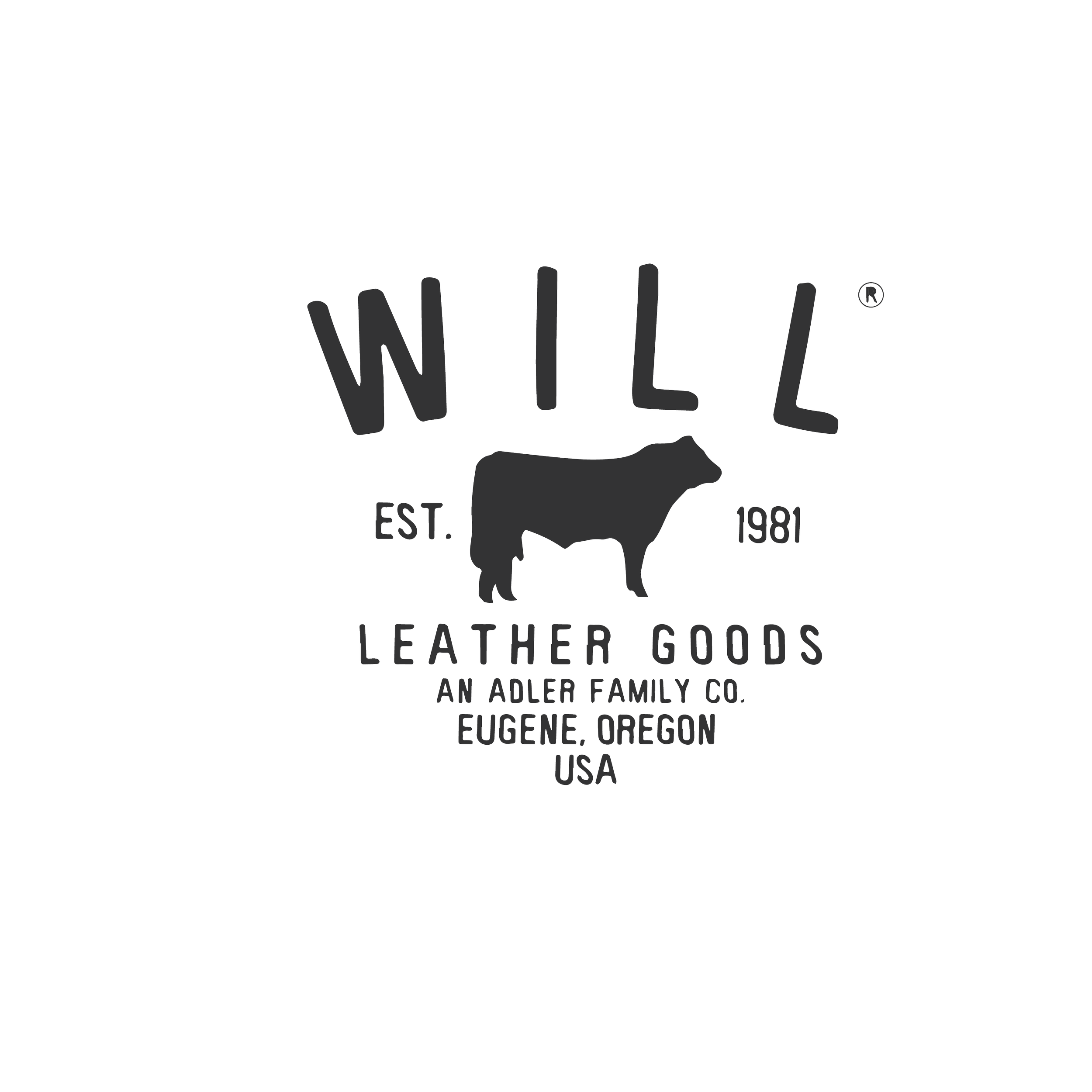 Black logo for Will Leather Goods featuring the brand name, a silhouette of a cow, and text indicating Eugene, Oregon, established 1981.