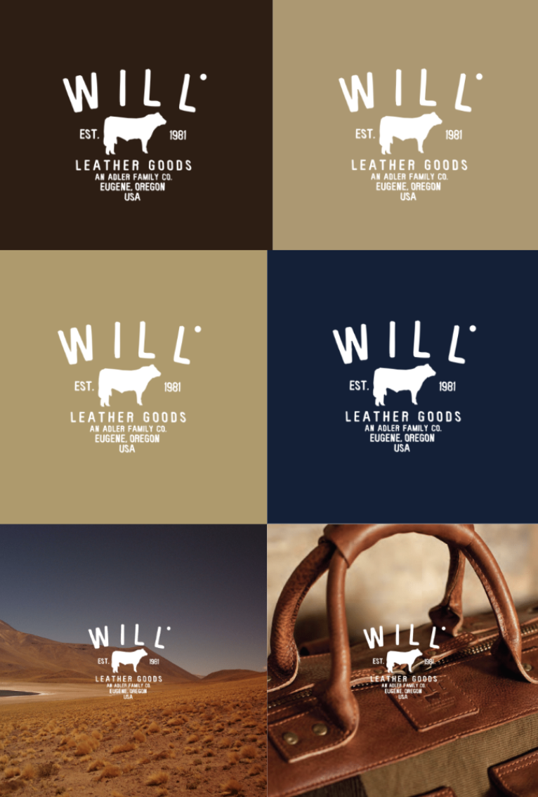 A collage of six images featuring Will Leather Goods branding. The top four are logo variations on different colored backgrounds: dark brown, beige, tan, and navy blue, each with a white logo of a cow and the text "WILL EST. 1981 LEATHER GOODS AN ADLER FAMILY CO. EUGENE, OREGON USA." The bottom two images show landscapes and leather bags with the same logo overlayed.
