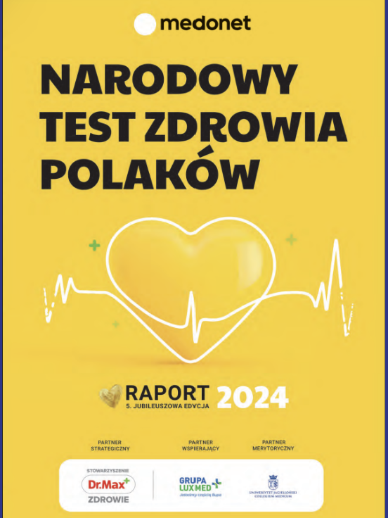 Cover page of a report titled "Narodowy Test Zdrowia Polaków 2024" by Medonet, featuring a yellow background, a heart-shaped diagram resembling an electrocardiogram, and logos of Dr.Max and Lux Med.