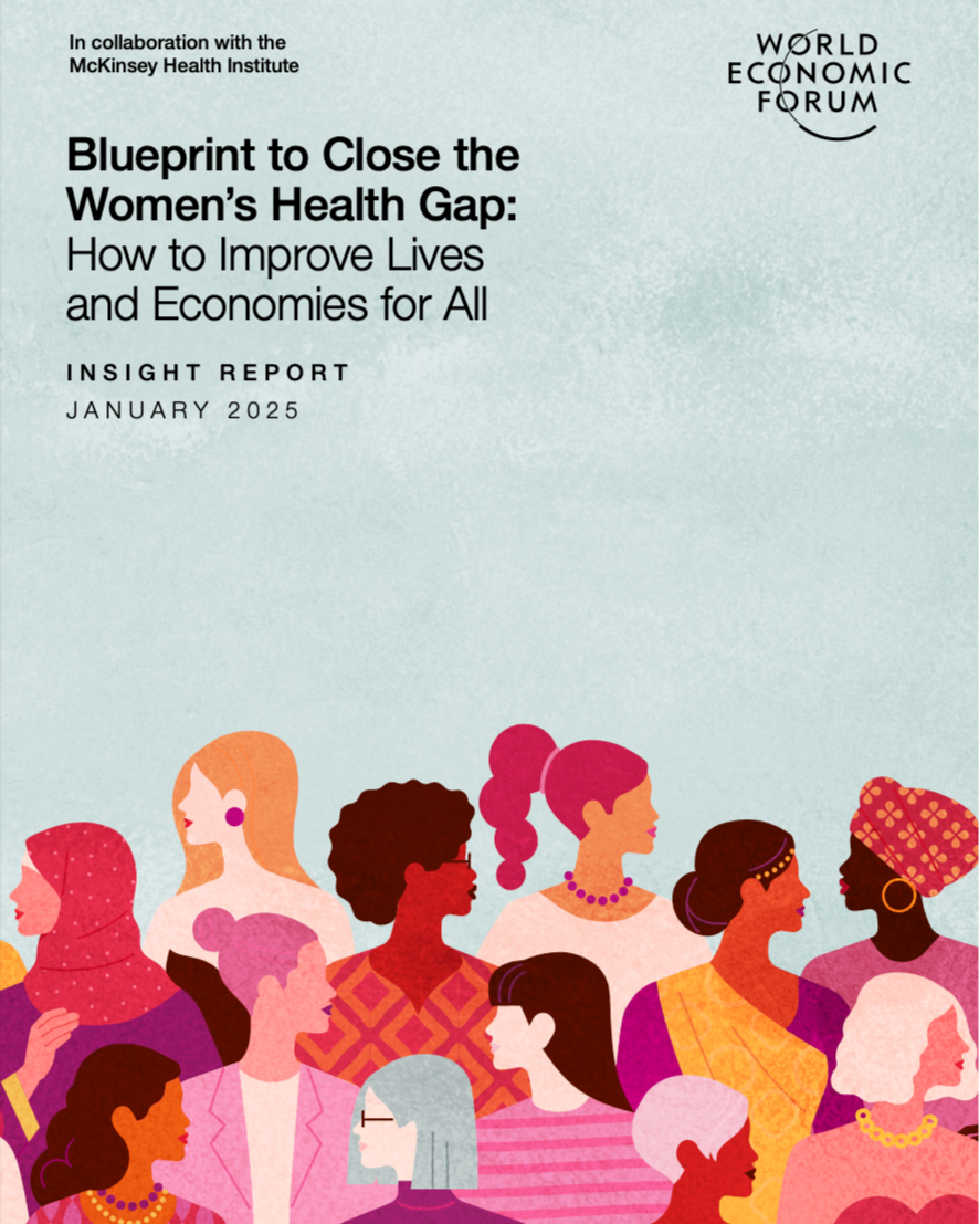 Illustration of diverse women in various styles and skin tones at the bottom of the report cover. Title reads 'Blueprint to Close the Women's Health Gap: How to Improve Lives and Economies for All,' published by the World Economic Forum in collaboration with the McKinsey Health Institute, January 2025.