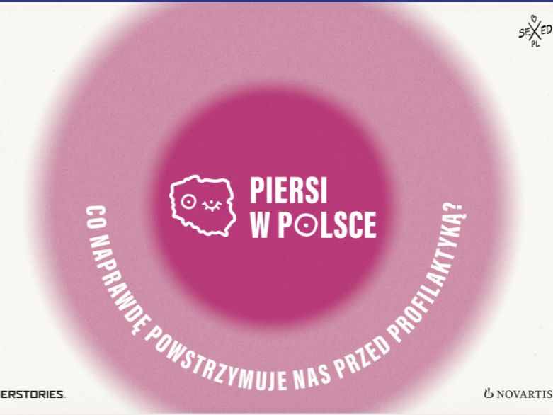 Pink and purple circle with text in Polish and a winking, outlined map of Poland. Text reads 'Piersi w Polsce' and 'Co na prawdę powstrzymuje nas przed profilaktyką?' in white. Novartis logo in bottom right corner.