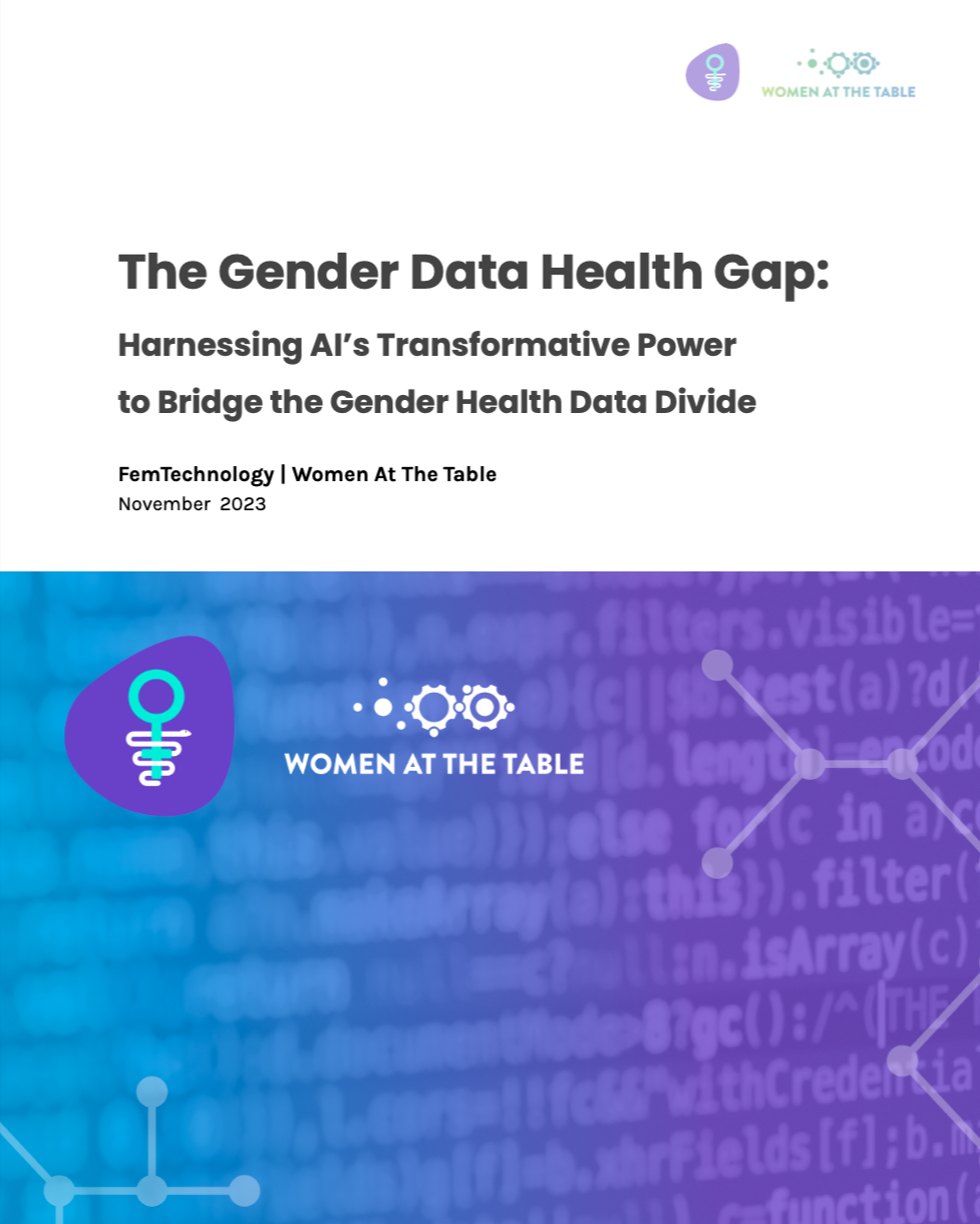 Cover page of a report titled 'The Gender Data Health Gap: Harnessing AI's Transformative Power to Bridge the Gender Health Data Divide,' published November 2023 by Women At The Table, featuring a purple logo with a stylized female symbol and digital graphics in the background.