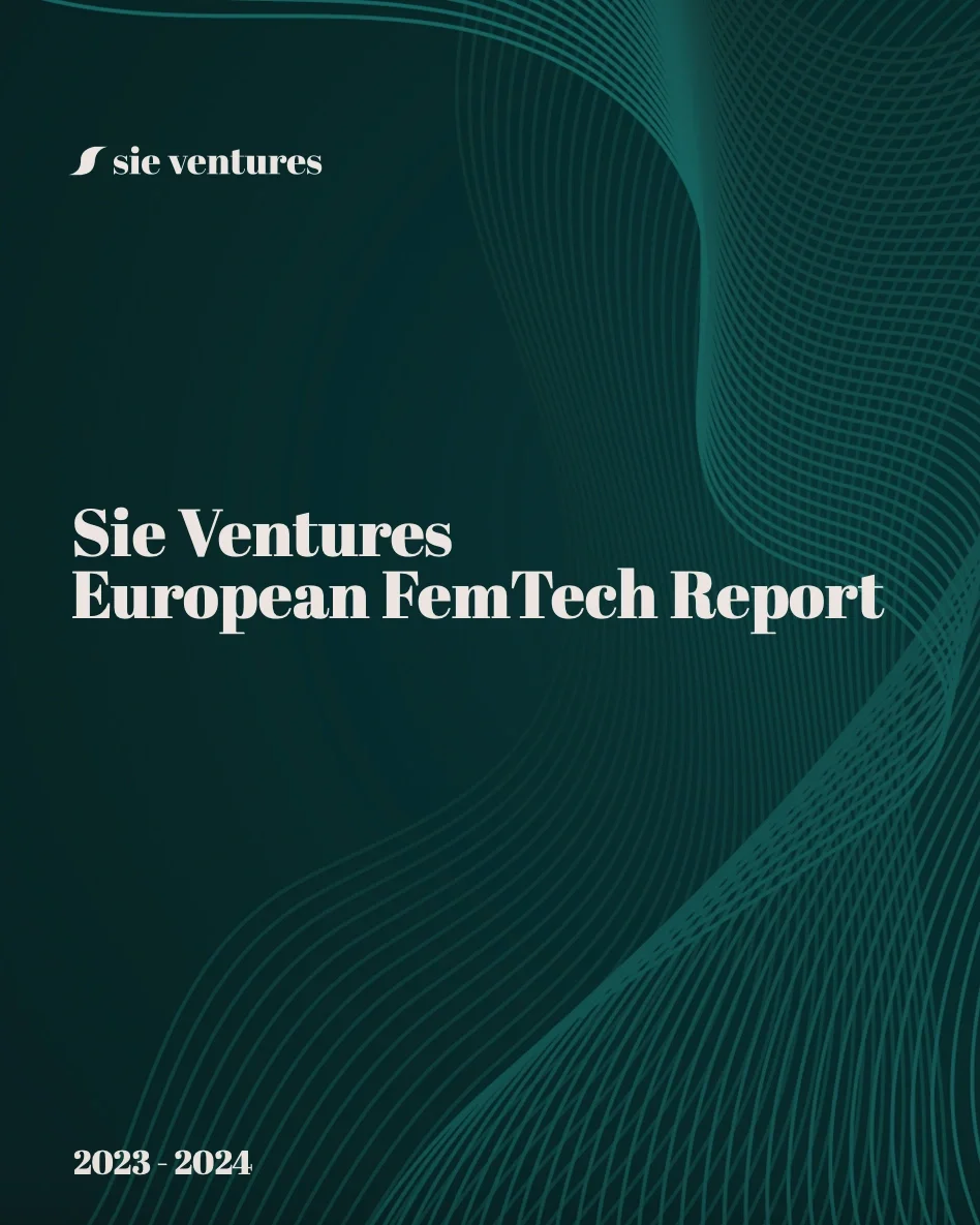 Cover page of the Sie Ventures European FemTech Report for 2023-2024, featuring a dark green background with blue wave patterns.