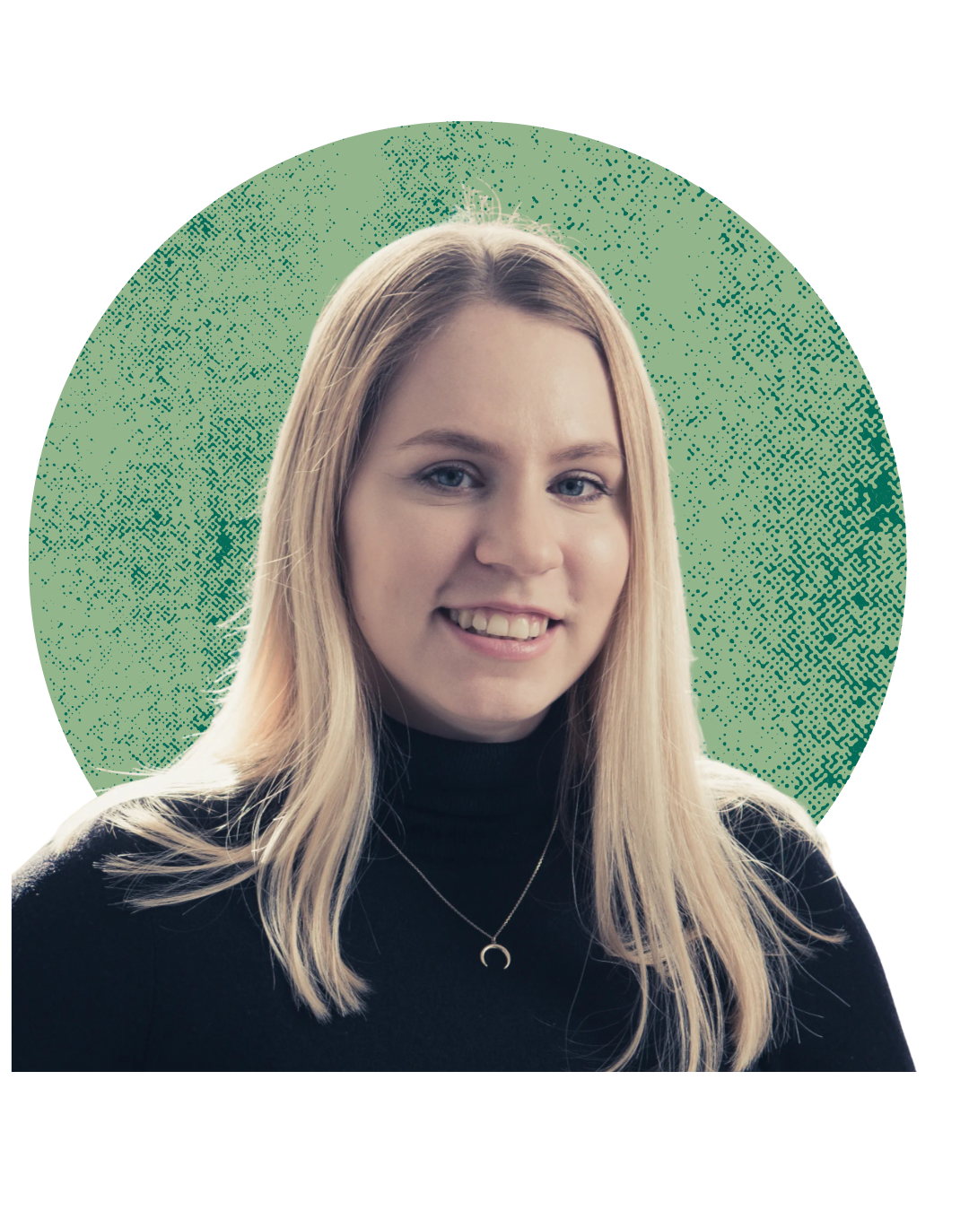 A young woman with blonde hair, wearing a black turtleneck and a necklace with a crescent moon pendant, smiling at the camera.
