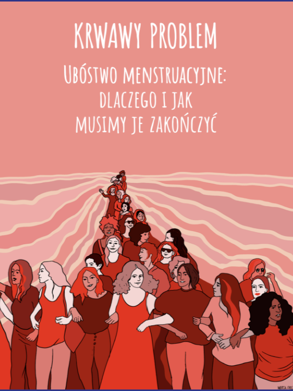 Illustration of women holding hands in a line with a pink abstract background, with Polish text about menstrual poverty.
