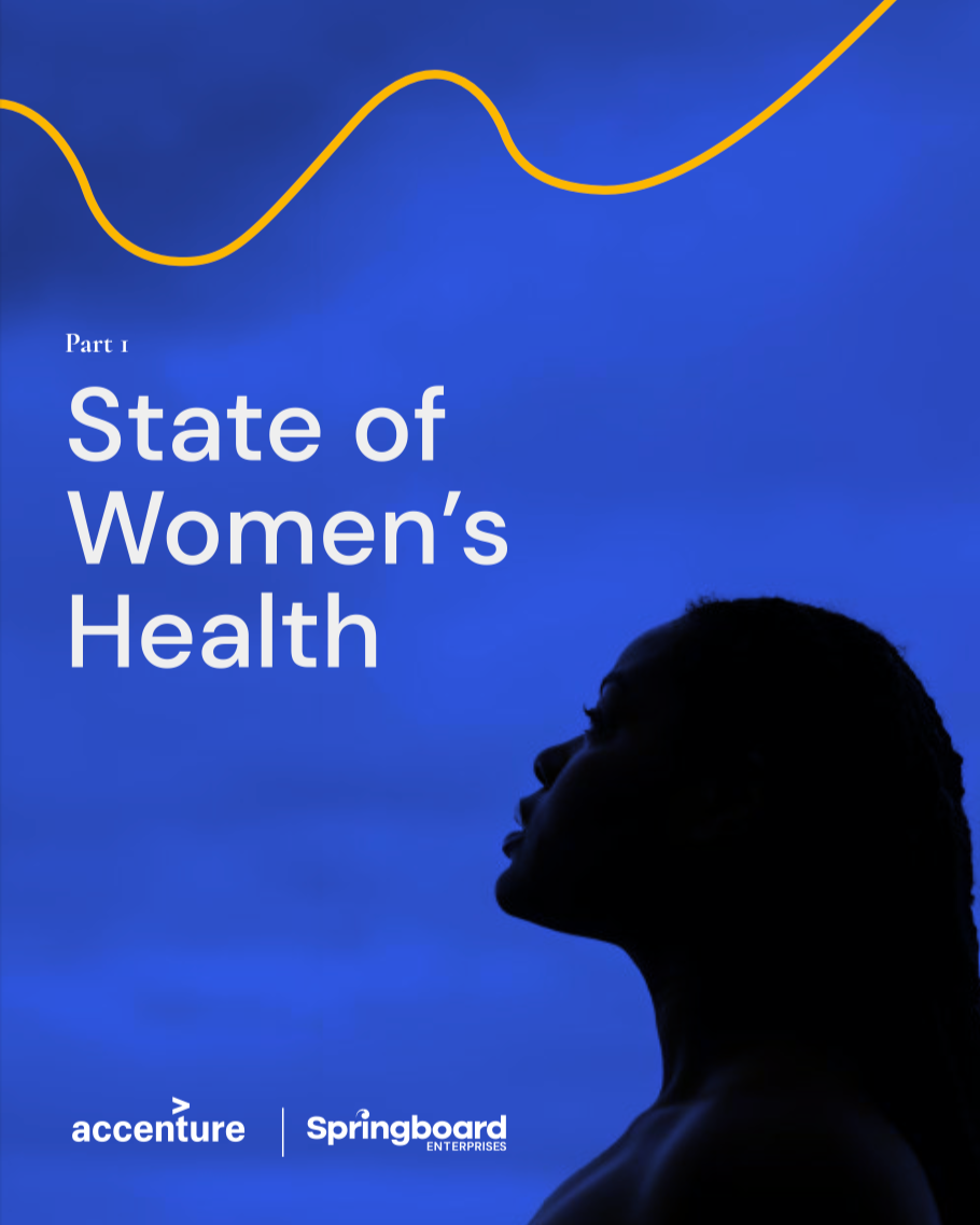 Title page of report titled 'State of Women's Health' with a silhouette of a woman's profile against a blue background and a yellow line graph at the top.