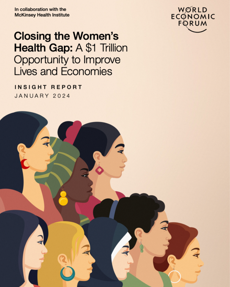 Cover of a report titled 'Closing the Women's Health Gap: A $1 Trillion Opportunity to Improve Lives and Economies,' published by the World Economic Forum and McKinsey Health Institute in January 2024. The cover features illustrations of diverse women in profile, with various skin tones, hairstyles, and accessories.