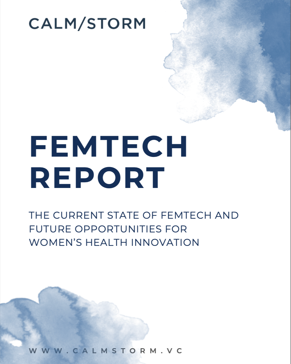 Cover page of a report titled "FEMTECH REPORT" with the subtitle "The current state of femtech and future opportunities for women's health innovation". The cover has blue watercolor design elements at the top right and bottom left corners, and the website "www.calmstorm.vc" at the bottom.