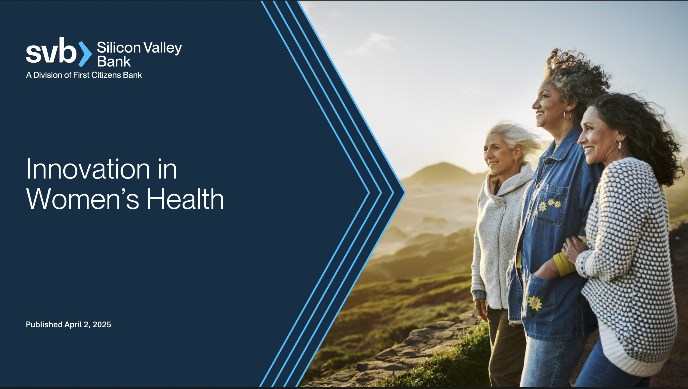 Cover page of a report titled 'Innovation in Women's Health' published April 2, 2025, featuring a photograph of three women of different ages walking outdoors at sunset, smiling, with mountains in the background.