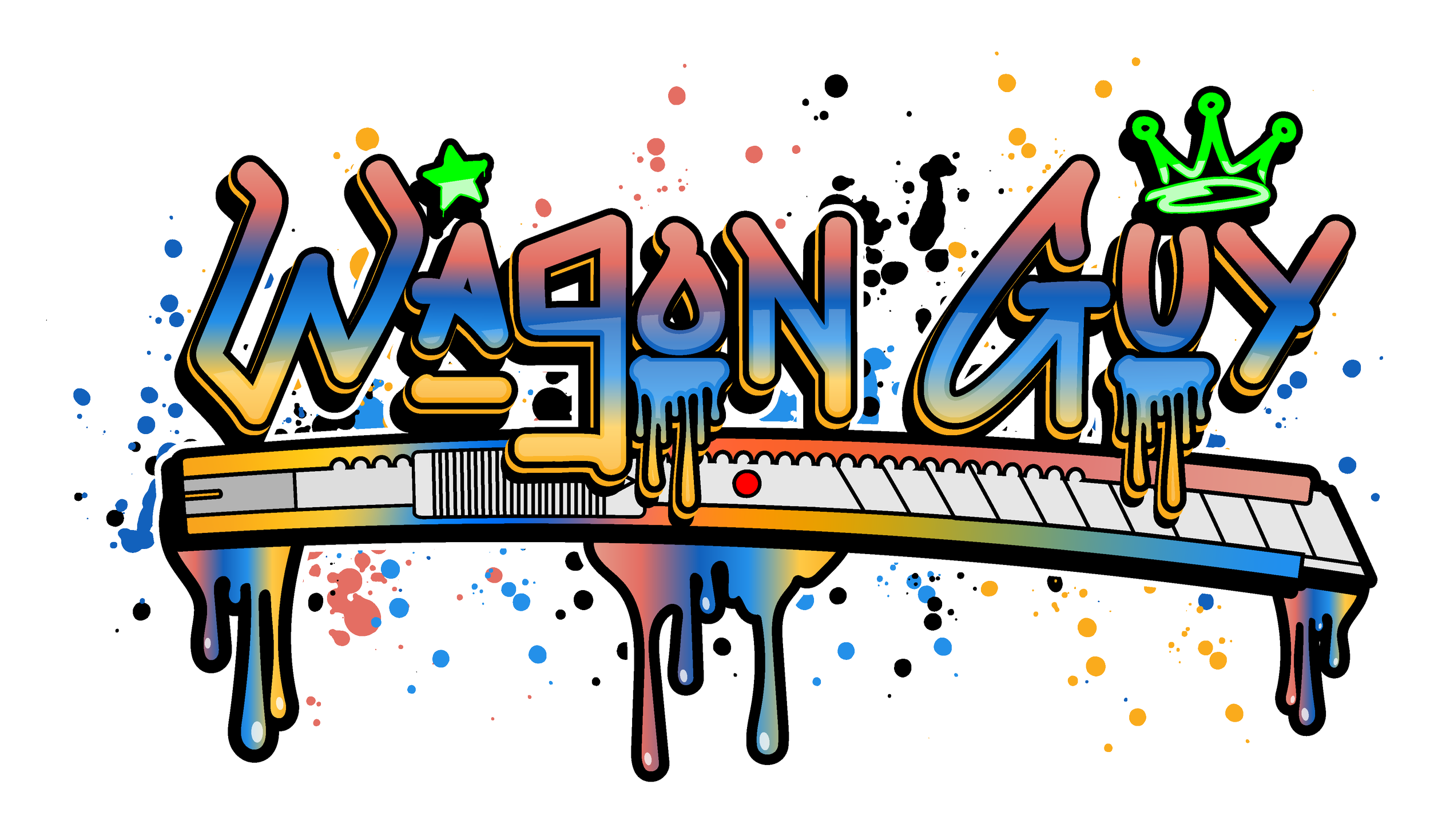 Graffiti-style graffiti with the words 'WAGON GUY' in vibrant colors, drip effects, and a crown symbol, with colorful paint splatters in the background, resembling street art.
