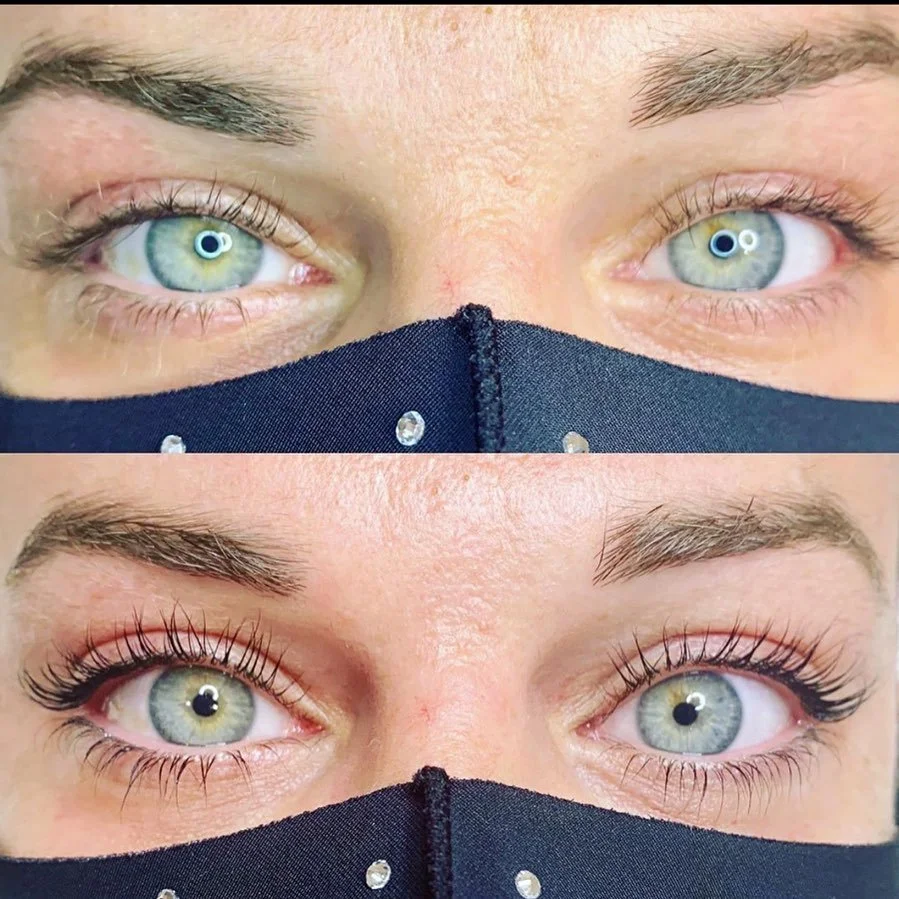 Close-up of a person's eyes before and after wearing mascara, with the top image showing natural eyelashes and the bottom image showing enhanced, mascara-applied eyelashes.