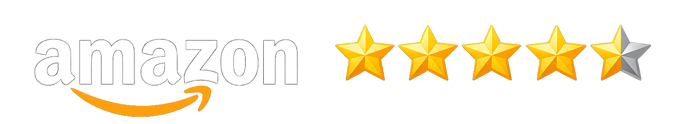 Bewertungssymbol von Amazon mit fünf Sternen, wobei vier Sterne goldfarben und der letzte Stern silberfarben sind.