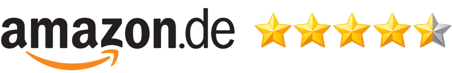 Amazon.de Logo mit einer 4-Sterne-Bewertung