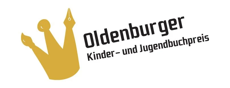 Logo des Oldenburger Kinder- und Jugendbuchpreises, mit einem stilisierten goldenen Krönensymbol und schwarzer Schrift
