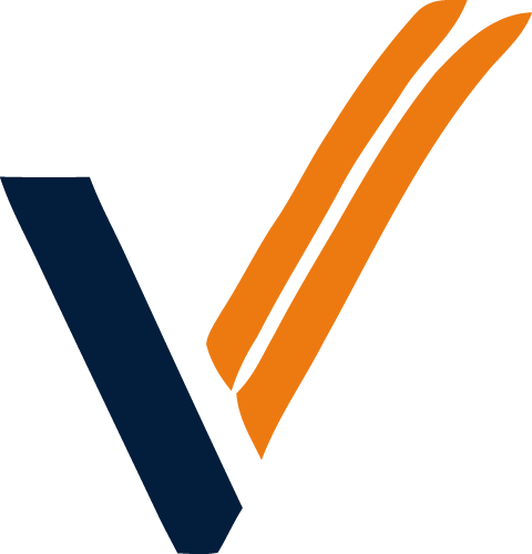 Checkmark symbol with navy blue and orange lines.
