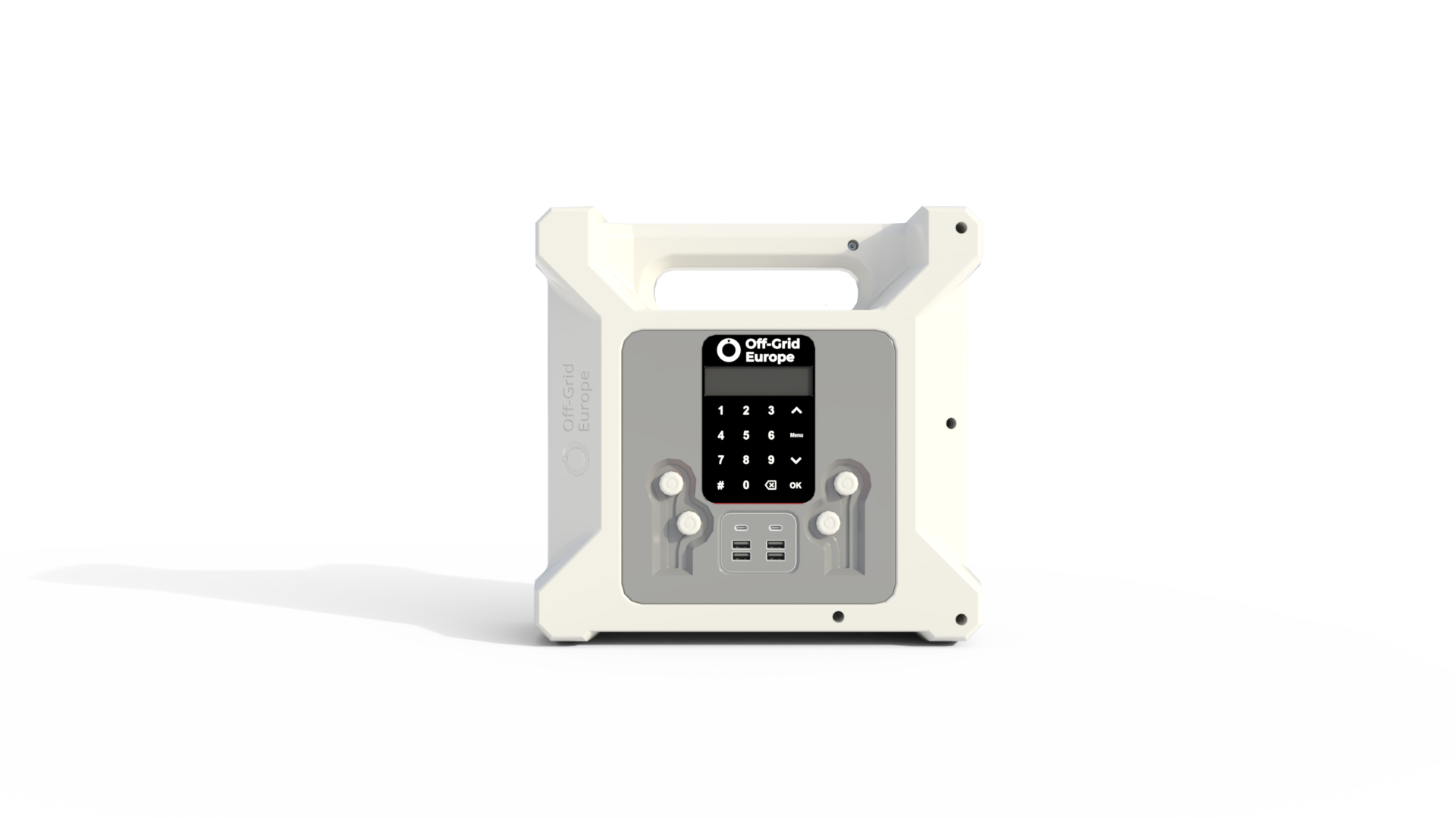 A rugged portable off-grid energy management device with a keypad, display, and multiple ports, designed for outdoor use.