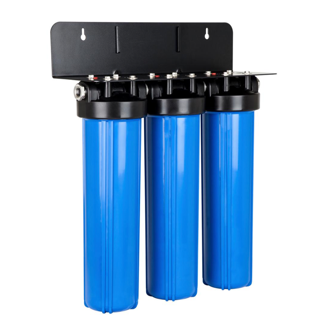 Three blue water filter cartridges mounted on a black bracket.