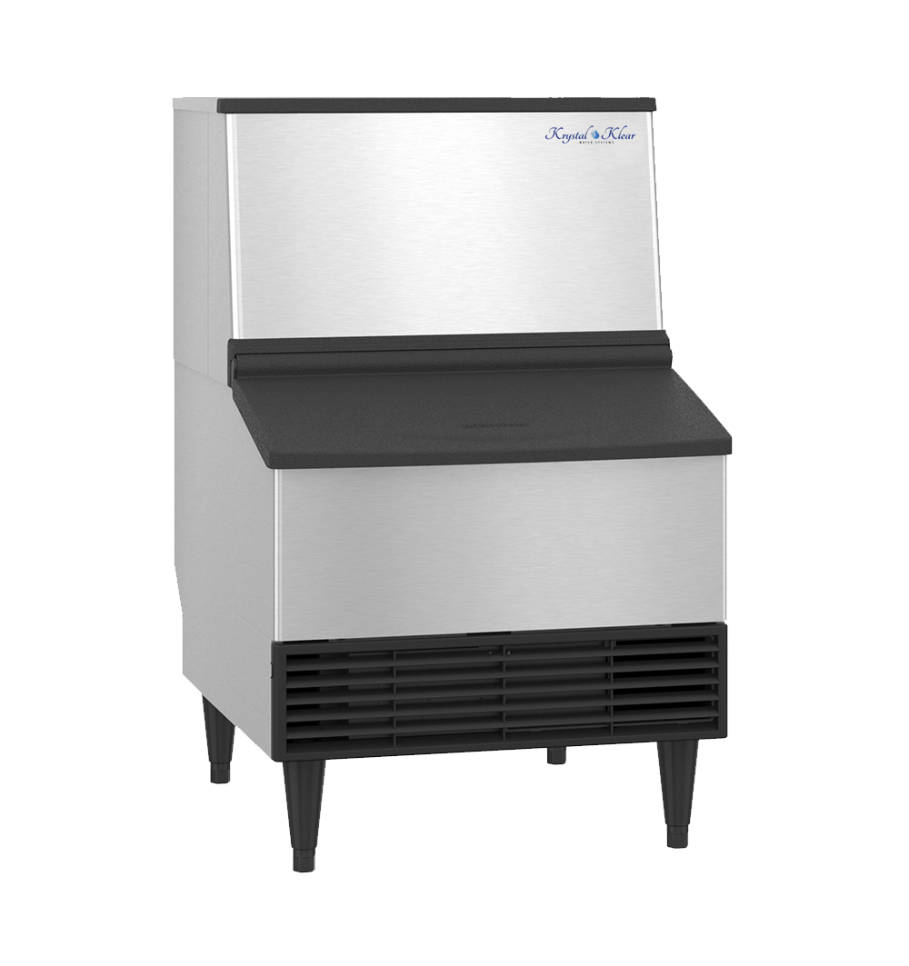 Stainless steel commercial blast chiller with black vents, standing on four black tapered legs, branded 'Krystal Klear'