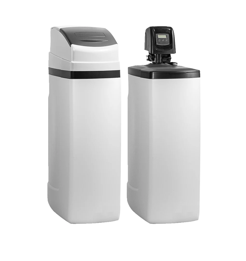 Two water softeners with digital control panels, one with a gray top and the other with a black top, in a white finish.