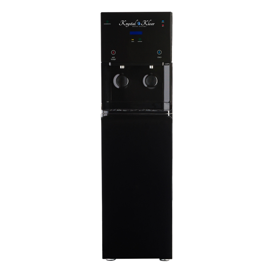 Black water cooler with two control knobs and a digital display on top, branded Krystal Klear.