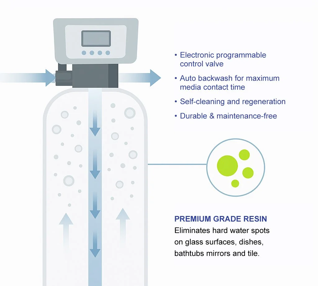 Diagram of a water treatment or filtration system with features like an electronic control valve, self-cleaning, auto backwash, and premium resin to eliminate hard water spots on glass, dishes, bathtubs, mirrors, and tile.