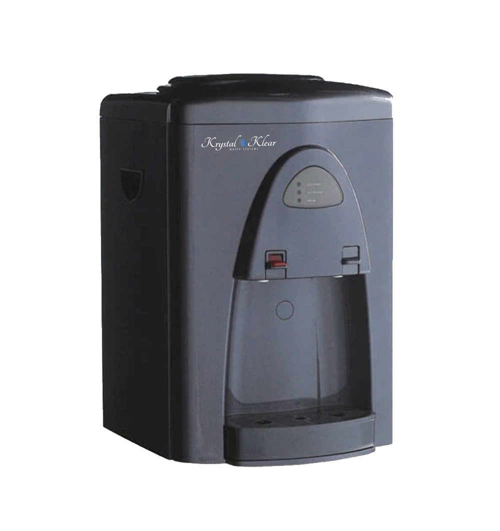 Gray water cooler with a small display screen and two red and gray push buttons on the front. The brand name Krystal Clear Water Systems is visible on the upper left.