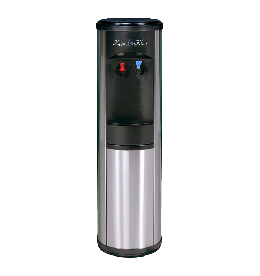 A water dispenser with a black top and stainless steel base, featuring two taps, one red and one blue.