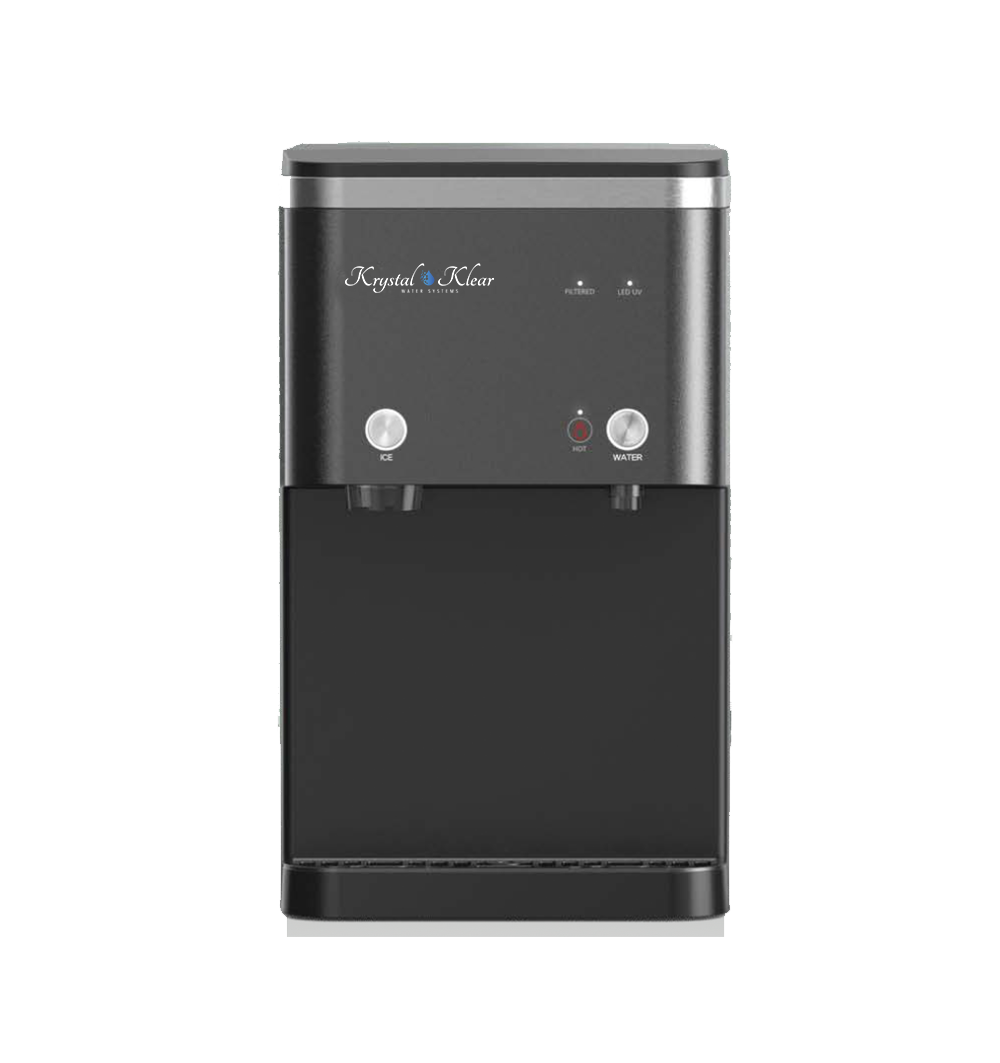 A black water filtration machine labeled 'Krystal Klear Water Systems' with buttons for ice, water, and an on/off switch, and indicator lights for filtered and LED UV.