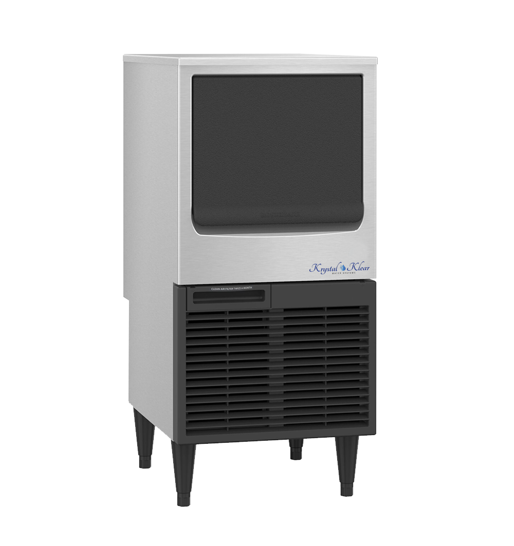 A commercial ice machine with a black window on top, a silver body, and black vents in the lower section. The brand name 'Krystal Klear' is visible on the bottom right.