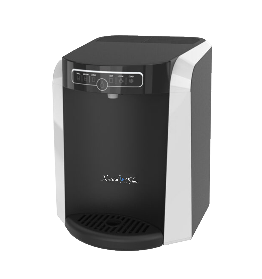 A countertop water dispenser with a digital display and control panel, labeled 'Krystal Clear.'