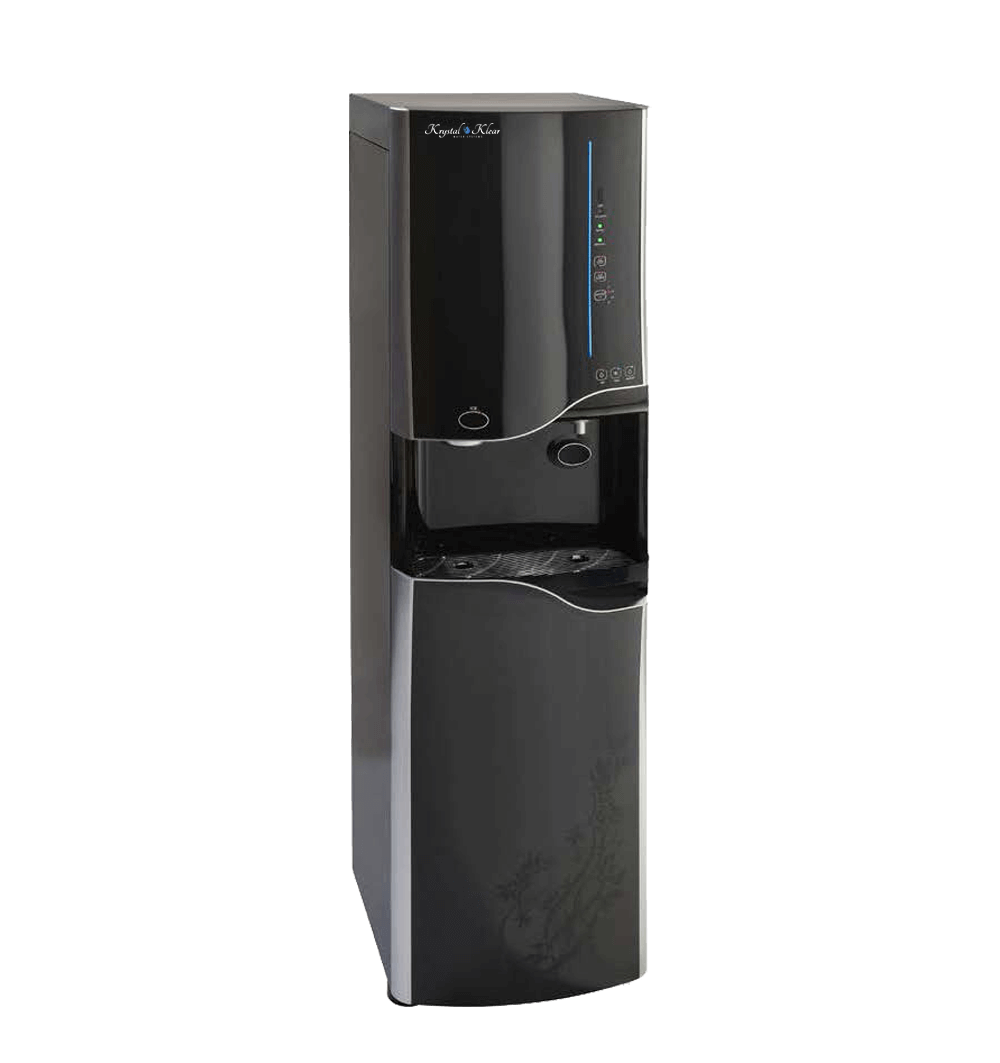 A black water dispenser with a silver base, indicating hot, cold, and room temperature controls, placed against a plain background.