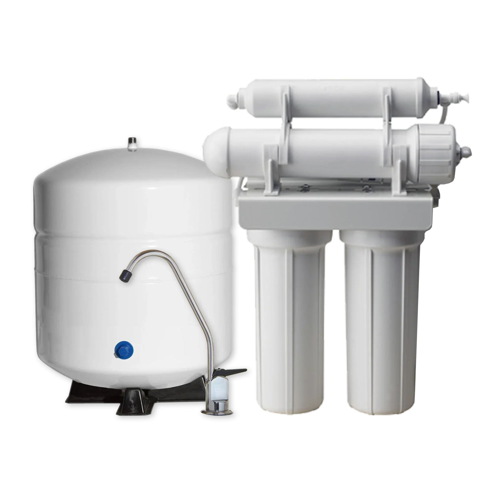 Reverse osmosis water filtration system with white tanks and filters.