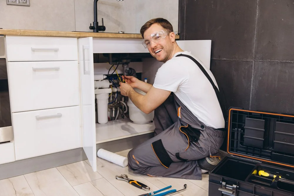 Man kneeling under a kitchen sink fixing pipes using tools.