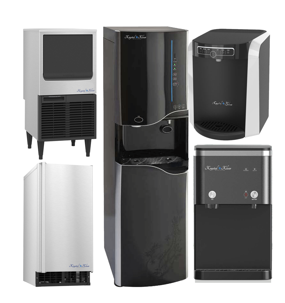 Collection of five beverage appliances including a water cooler, a coffee machine, a soda maker, and two cooling units.