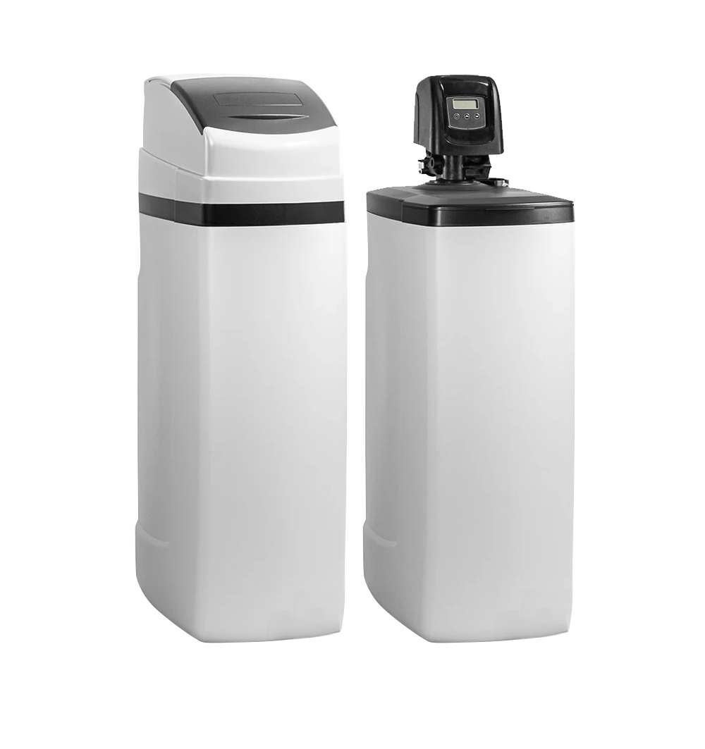 Two water softener units, one with a digital control head and the other with a black lid, placed side by side.