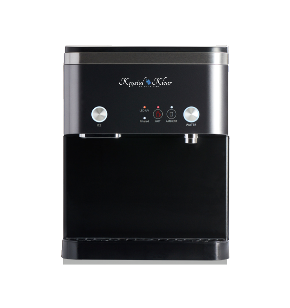 A Krystal Klear Water Systems countertop water dispenser with control knobs for Ice and Water, and indicator lights for LED UV, filtered water, hot water, and ambient water.