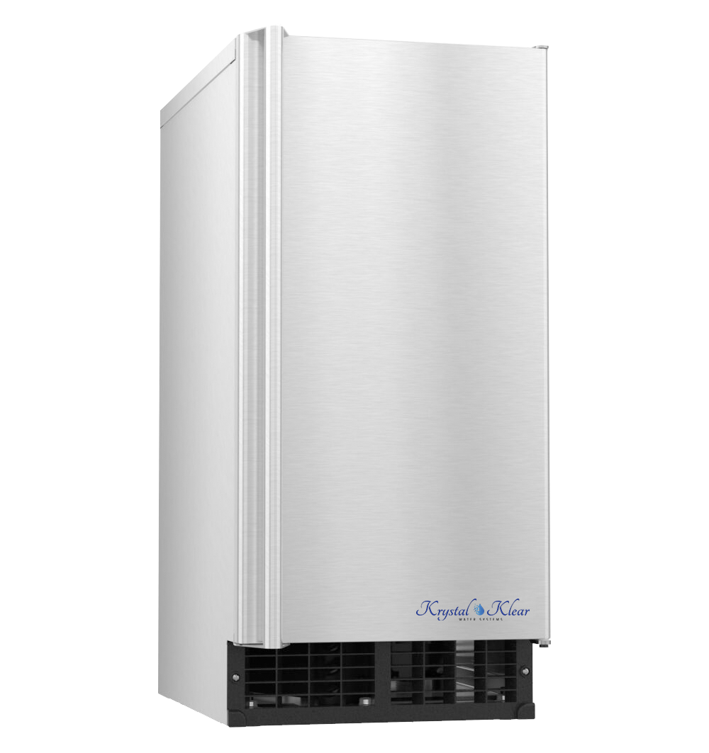 A stainless steel water cooler with the brand name Krystal Clear. It has a black vented bottom section and a white background.