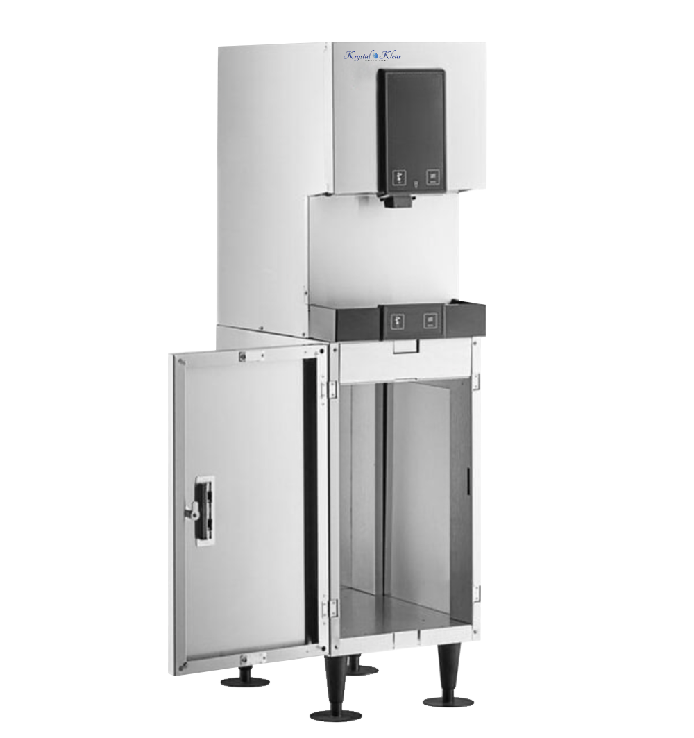 A Krystal Klear sterilizer machine with an open compartment at the bottom and a closed upper compartment, likely used for sterilizing medical or laboratory equipment.