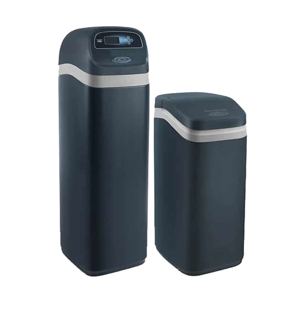Two water softeners with digital control panels, one tall and one shorter, both dark gray with a white stripe.