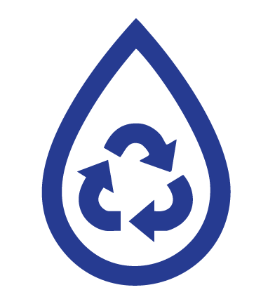 A blue water droplet icon with recycling arrows inside it on a black background.